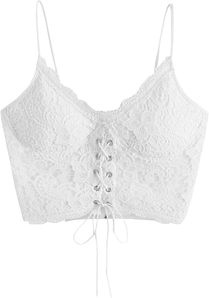 Romwe Women's Eyelet Lace Up Sleeveless Spaghetti Strap Zip Back Crop Camisole Cami Top Vest | Amazon (US)