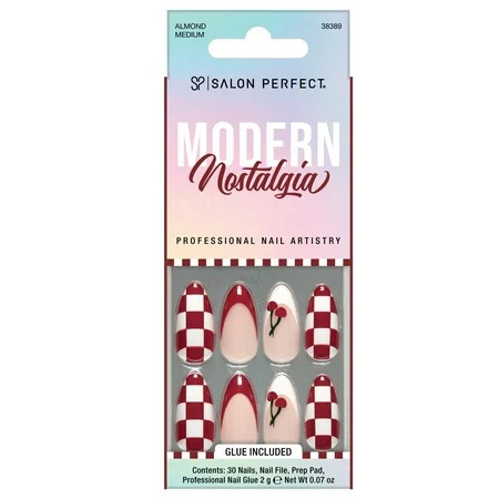 Salon Perfect Artificial Fake Press On Nails, 360 Modern Nostalgia, Cherry Checkers, Medium Almond, File, Glue, and Prep Pad Included, 30 Nails | Walmart (US)