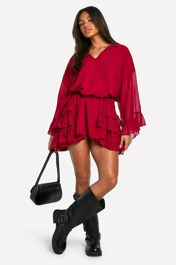 Ruffle Detail Smock Mini Dress | boohoo (US & Canada)