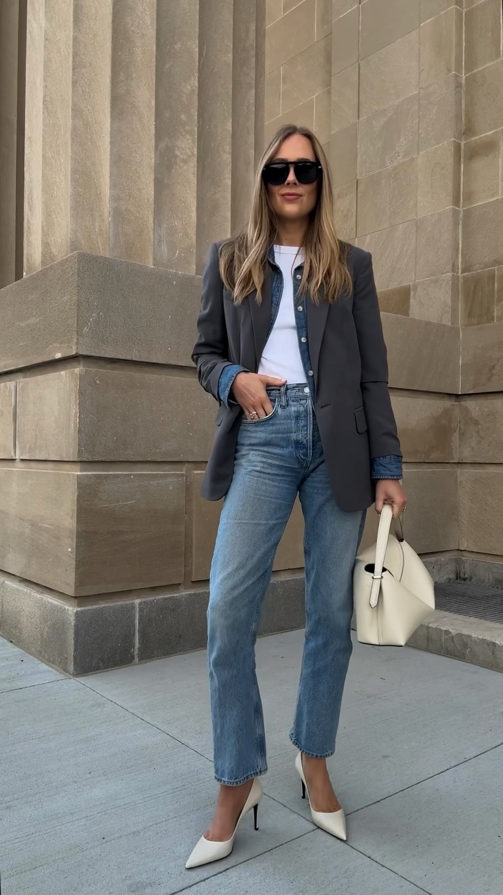 Fashion Jackson, AGOLDE jeans, denim shirt, white tee, grey blazer, white pumps

#LTKOver40 #LTKootd #LTKWorkwear