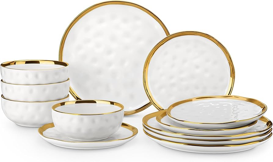 LOVECASA 12 Pieces Plates and Bowls Sets, Porcelain White and Gold Dinnerware Sets, Round Dinner ... | Amazon (US)