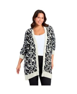 Avenue Women's Plus Size Button Front Cozy Cardigan - Black snow leopard | Macy's