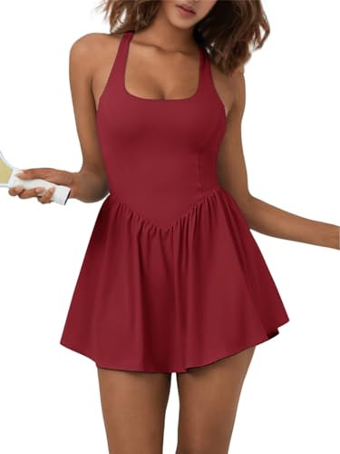 Sexyasasii Women's Summer Athletic Tennis Dress with Built in Shorts and Bra Square Neck Workout Exercise Active Golf Dresses Wine Red | Amazon (US)
