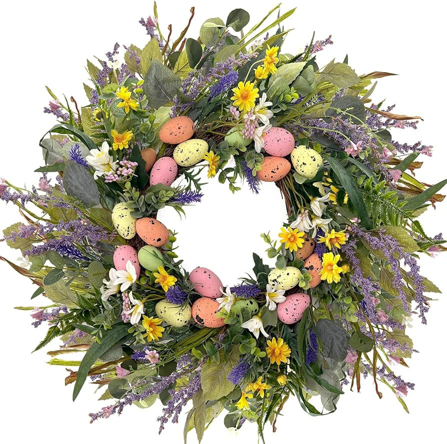 24 Inch Farmhouse Easter Wreath for Front Door, Artificial Pastel Spring Wreaths with Easter Eggs... | Amazon (US)