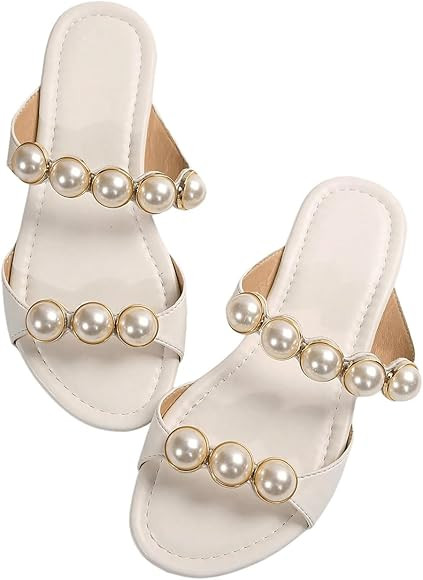 GORGLITTER Women's Pearls Flat Sandals Wedding Open Toe Slide Sandals Round Toe Beach Sandals | Amazon (US)