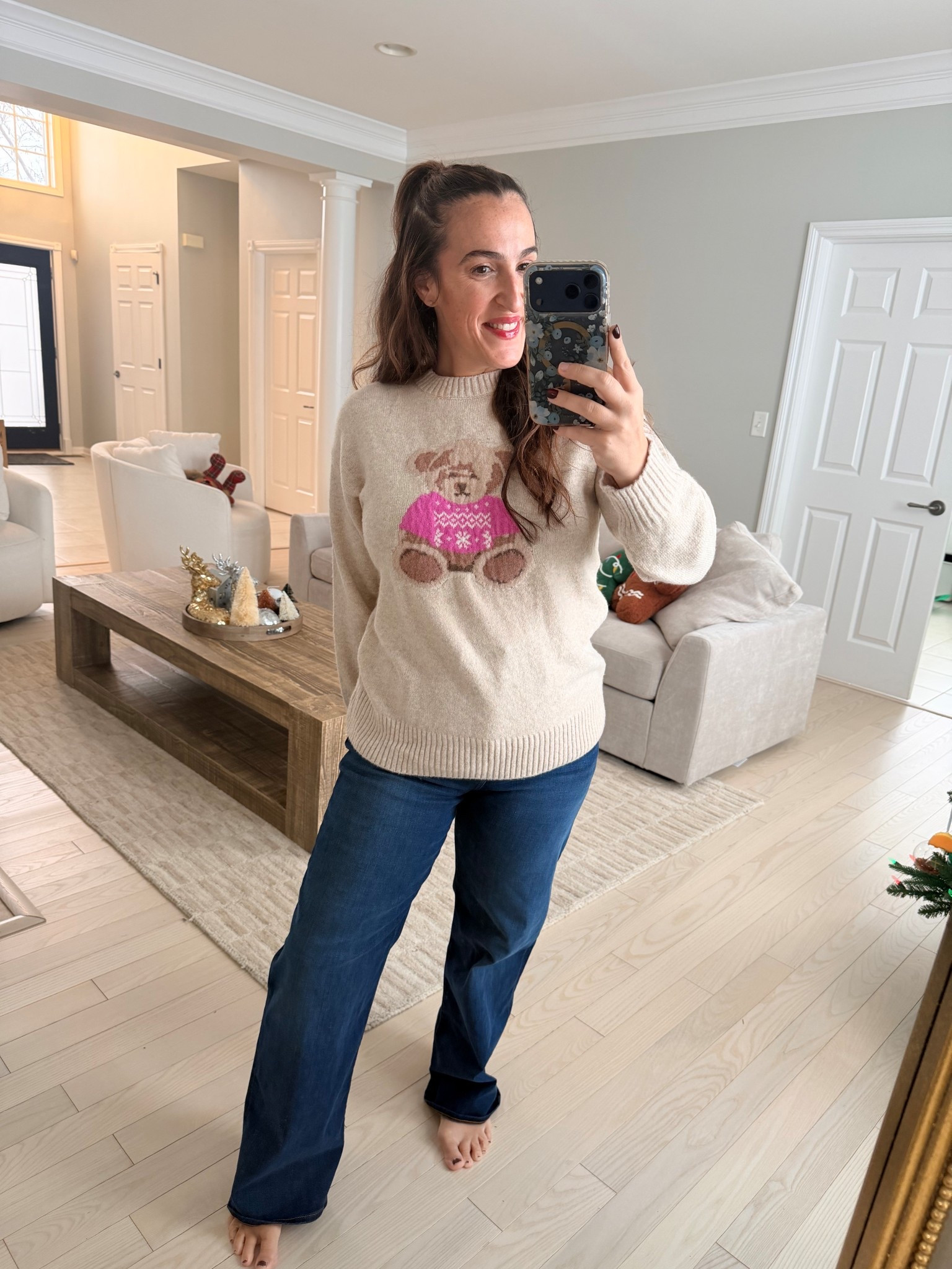 The cutest and softest bear sweater that ever did live! Wearing a medium and size 29 in the jeans. 

#LTKootd #LTKHoliday #LTKSeasonal