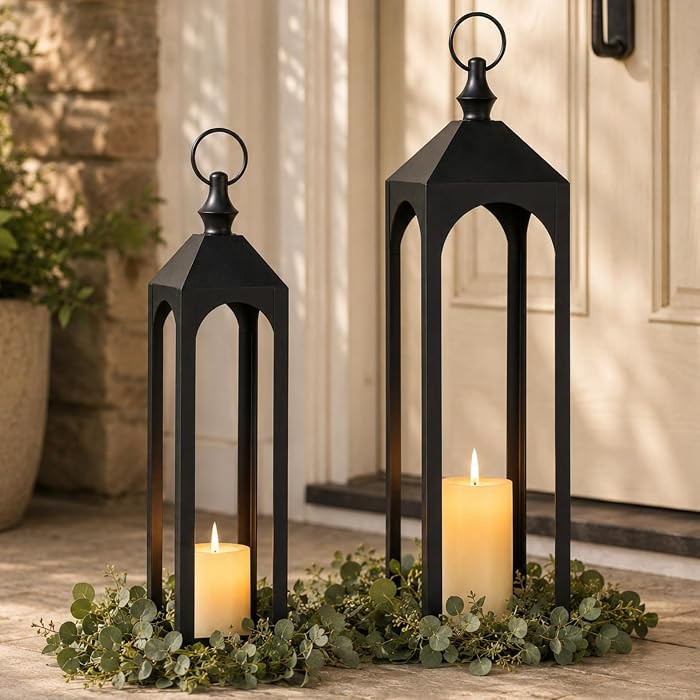 24" & 20" Large Outdoor Floor Lantern, Black Fall Porch Decor | Amazon (US)