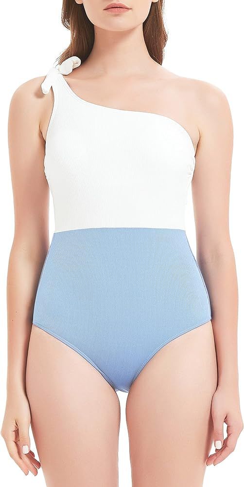 Annbon Women's Ribbed One Piece Swimsuit Color Block One Shoulder Bowknot Bathing Suit | Amazon (US)