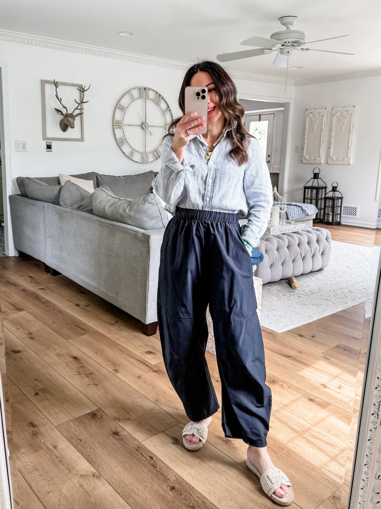 Small barrel pants. Small linen, button-down shirt. Sandals TTS. 


#LTKOver40 #LTKPetite