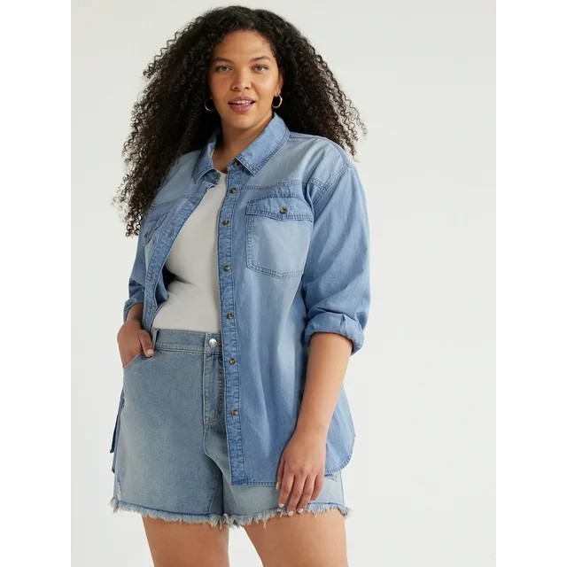 Sofia Jeans Women's and Women's Plus Oversized Boyfriend Shirt with Long Sleeves, Sizes XXS-5X | Walmart (US)