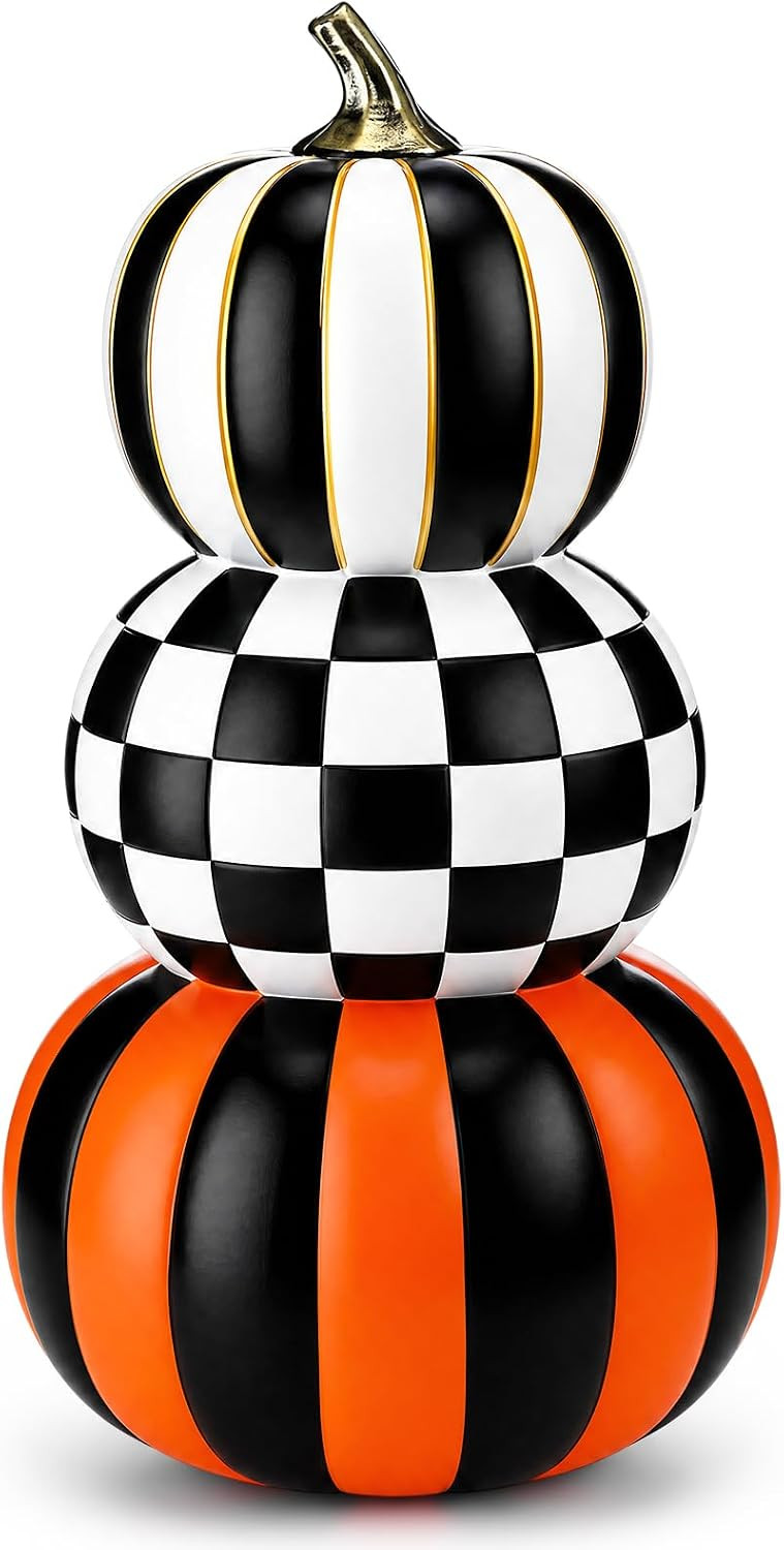 Briwooody 16.9 Inch Stacked Resin Pumpkin Decor, 3 Layers Halloween Artificial Fake Pumpkin Tower, Black White Checkered Orange Striped Halloween Autumn Decoration for Outdoor Indoor Porch Home Party | Amazon (US)