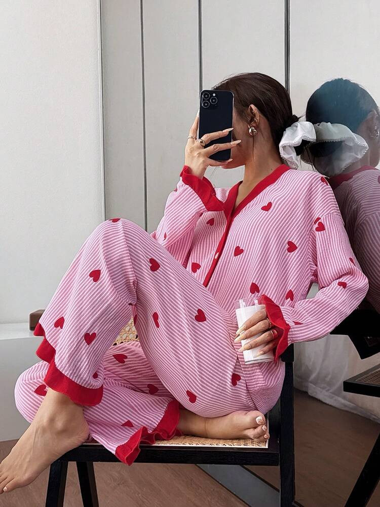 SHEIN Women's Pink Striped Heart Patchwork Top & Pants Pajama Set, Winter Clothes | SHEIN