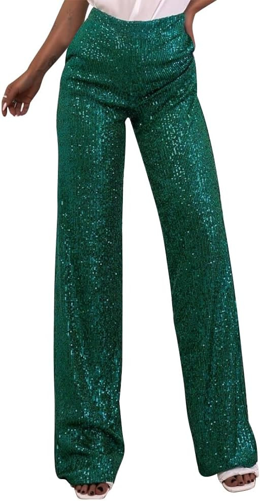 ODIZLI Womens Wide Leg Sparkle Sequin Pants Elastic High Waisted Bling Glitter Dance Pants | Amazon (US)
