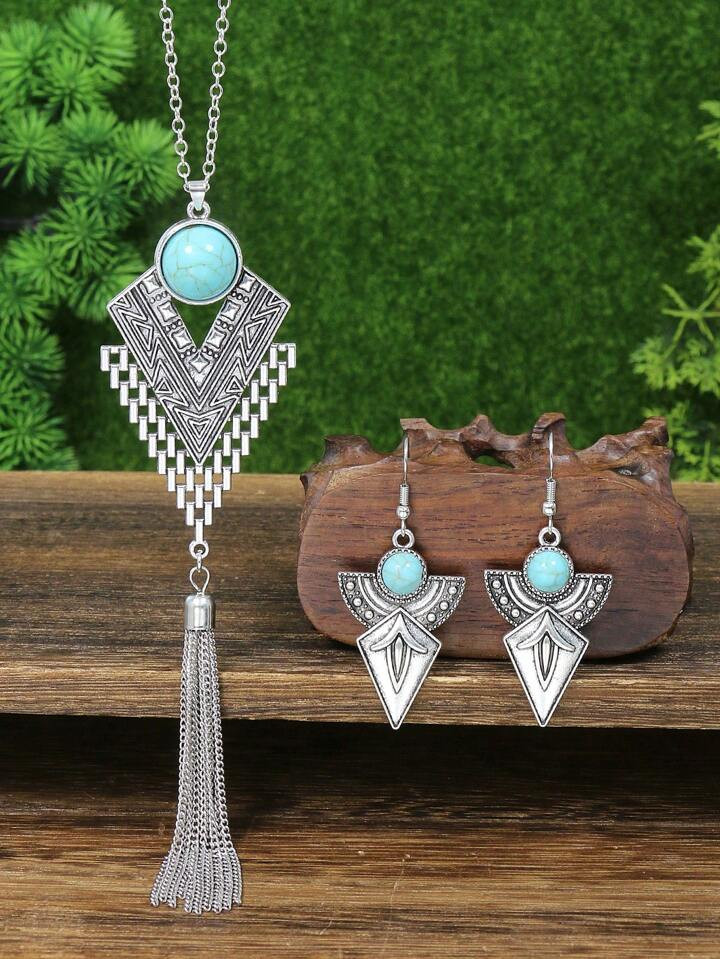 1pc Retro Silver-color Triangle Design Chain Tassel Necklace With Turquoise Detail & Earrings For... | SHEIN