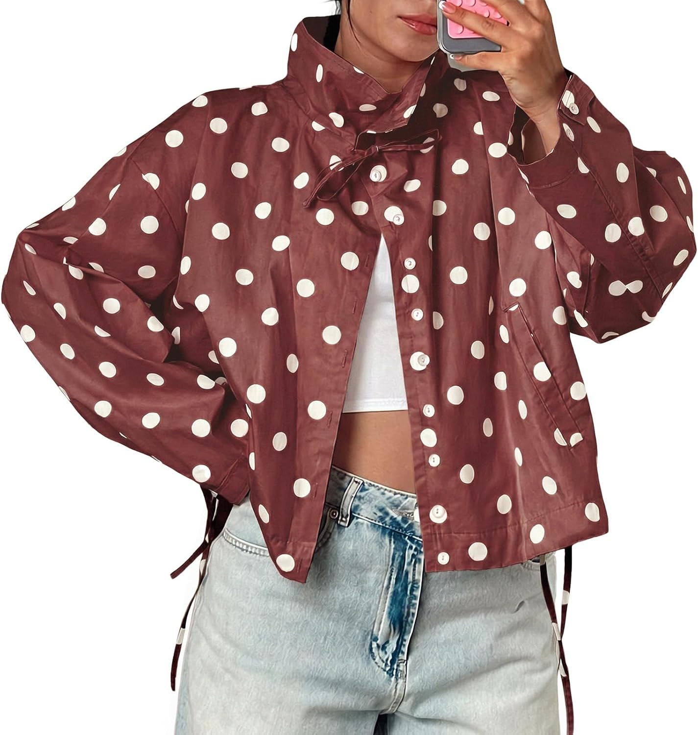 Cicy Bell Womens Polka Dot Short Trench Coat Cropped Stand Collar Jackets | Amazon (US)