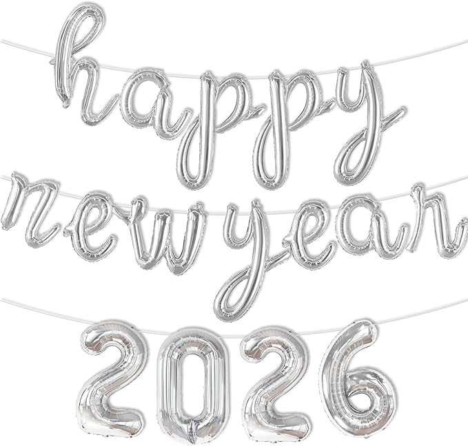 2026 New Years Balloons - 16 Inch Script Happy New Year Balloons - Silver Foil 2026 Balloon for 2... | Amazon (US)