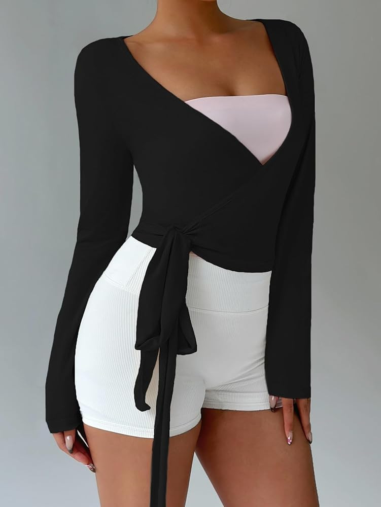 Milumia Women's Long Sleeve Yoga Workout Wrap V Neck T Shirt Top Side Tie Shrug Cardigan | Amazon (US)