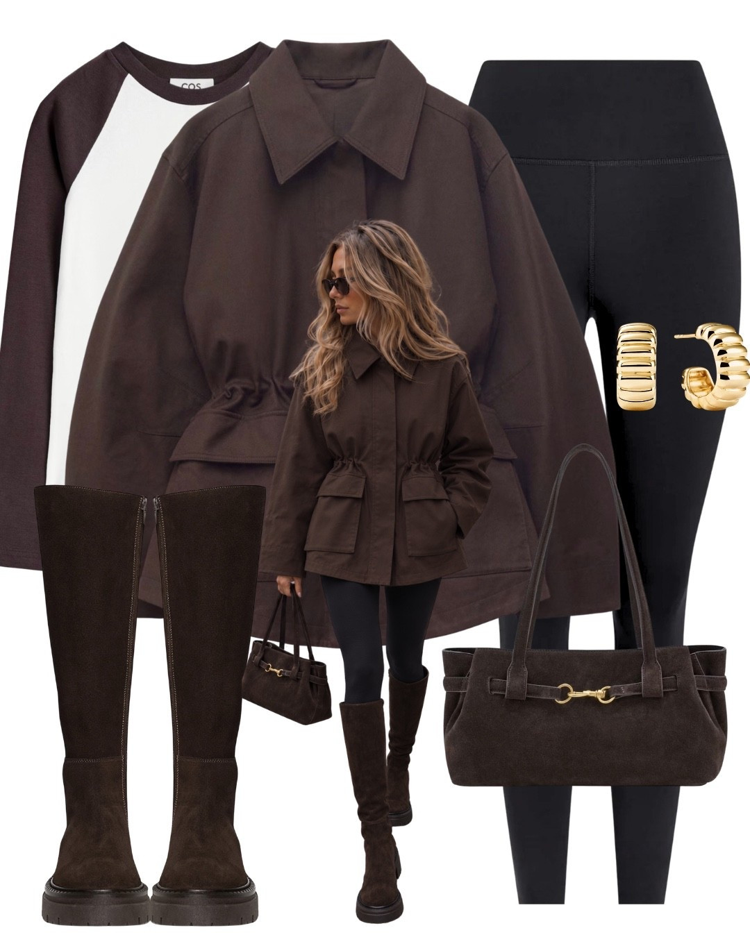 Oversized drawstring waist parka jacket, leggings, knee high boots, two tone raglan long sleeve t-shirt, suede bag and gold earrings. Utility jacket, brown jacket, autumn outfit, fall outfit @Mejuri

#LTKuk #LTKautumn #LTKeurope