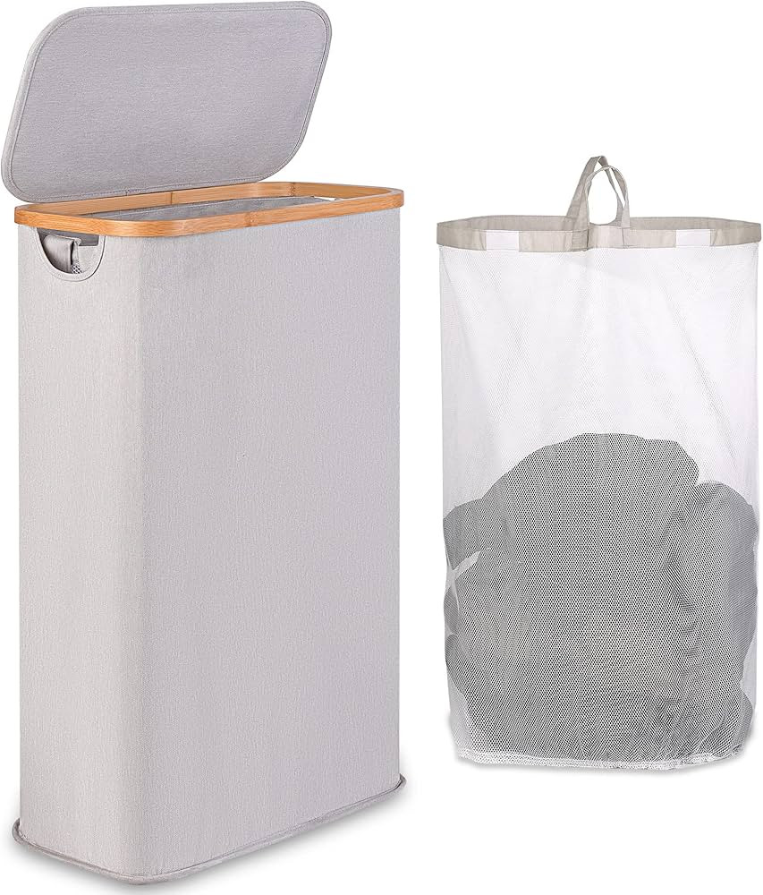 iEGrow 60L Slim Laundry Hamper, Narrow Laundry Basket with Lid,Foldable Clothes Hamper with Bambo... | Amazon (US)