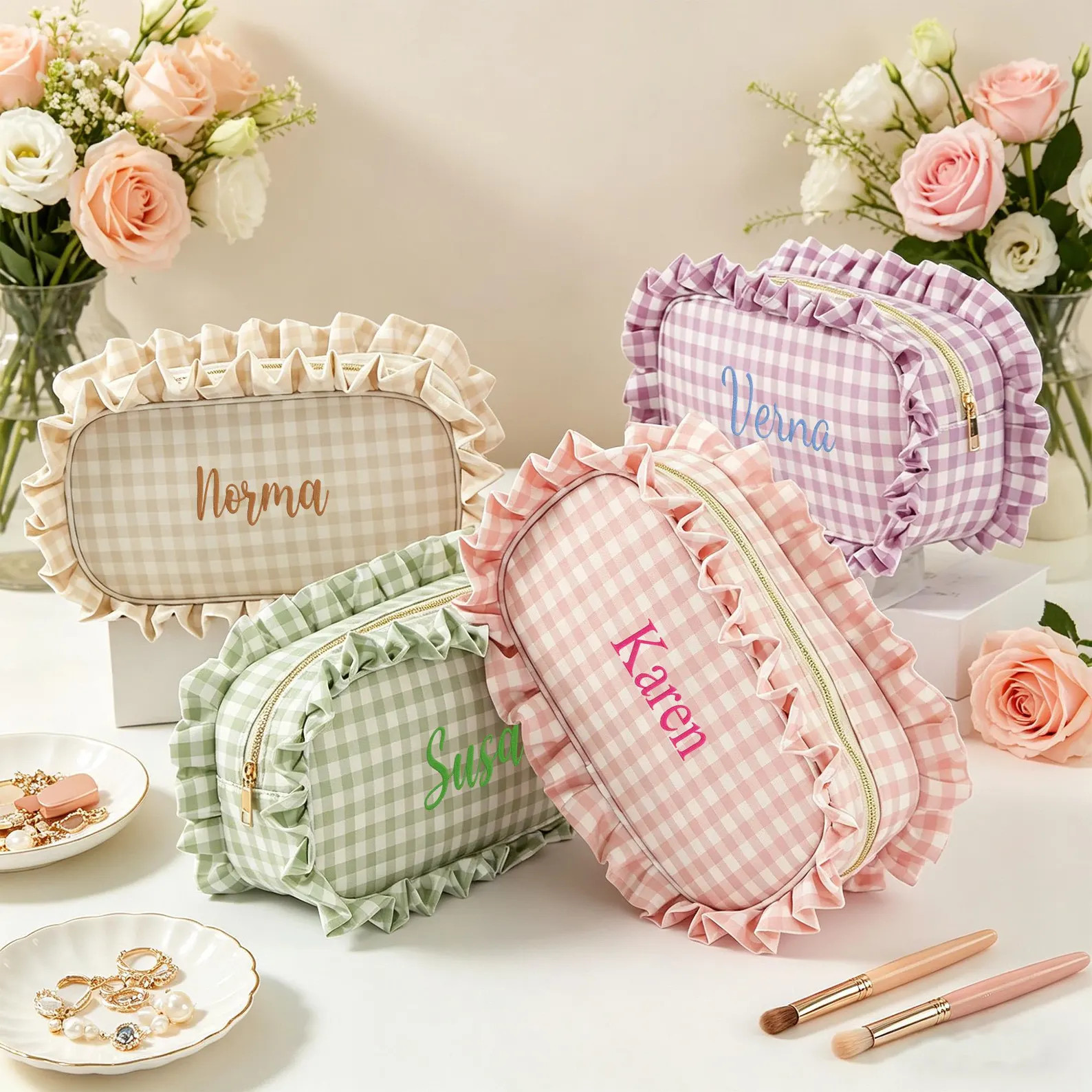 Personalized Ruffle Cosmetic Toiletry Bag Gingham Cosmetic Bag Custom Name Ruffle Makeup Bag Brid... | Etsy (Global)