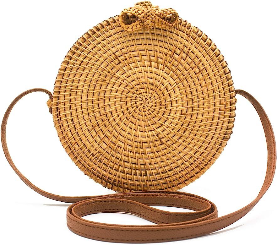 Handwoven Round Rattan Bag Shoulder Leather Straps Natural Tote Basket Bali Bags Crossbody Purse ... | Amazon (US)