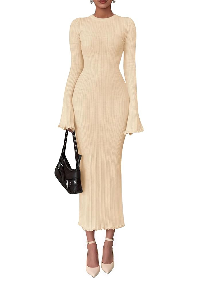 PRETTYGARDEN Sweater Dresses for Women 2025 Fall Bell Long Sleeve Crew Neck Bodycon Maxi Dress Wi... | Amazon (US)