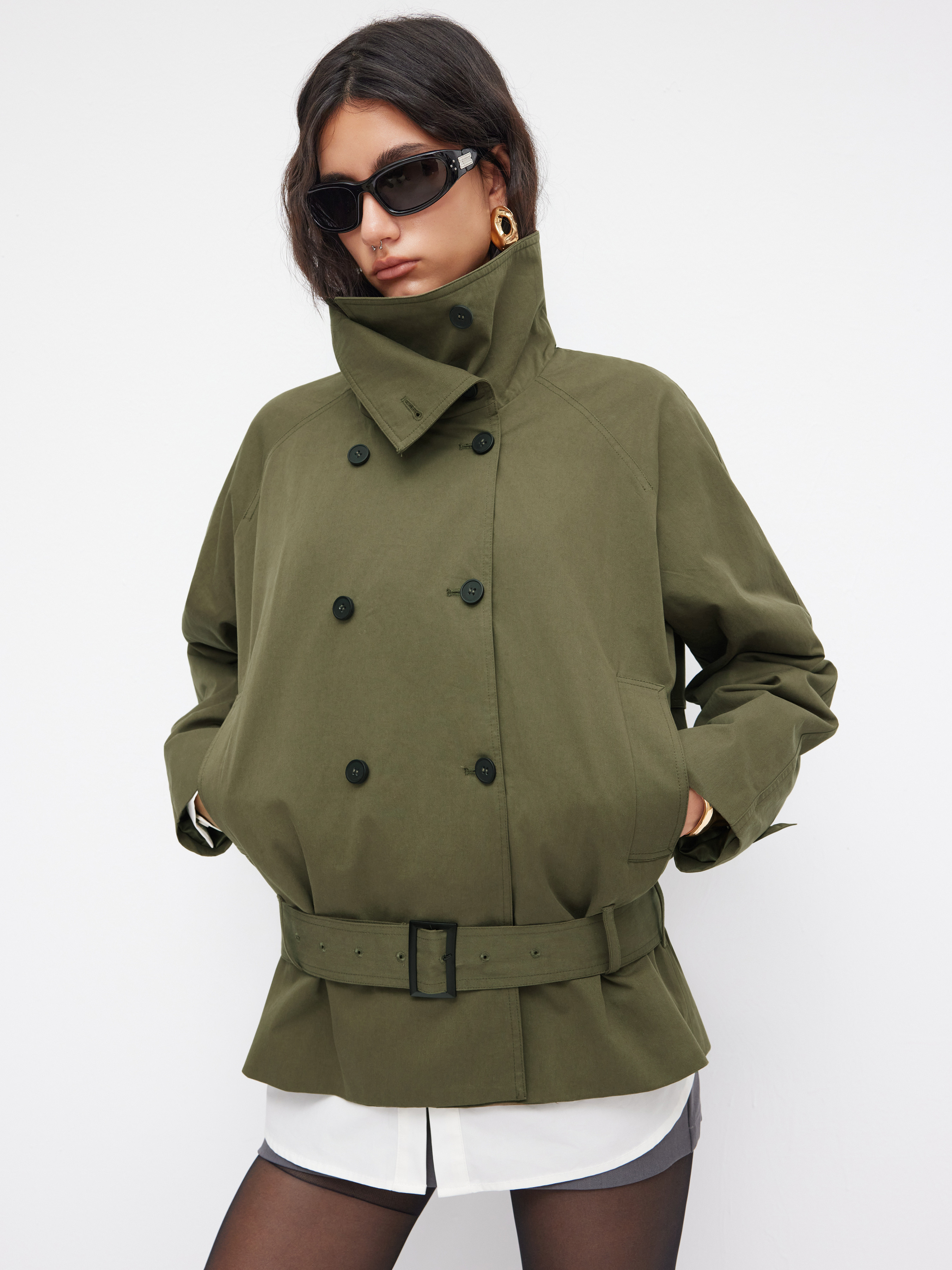 Woven Multi-way Cotton Stand Collar Double Breasted Oversized Windbreaker With Belt For Daily Cas... | Cider