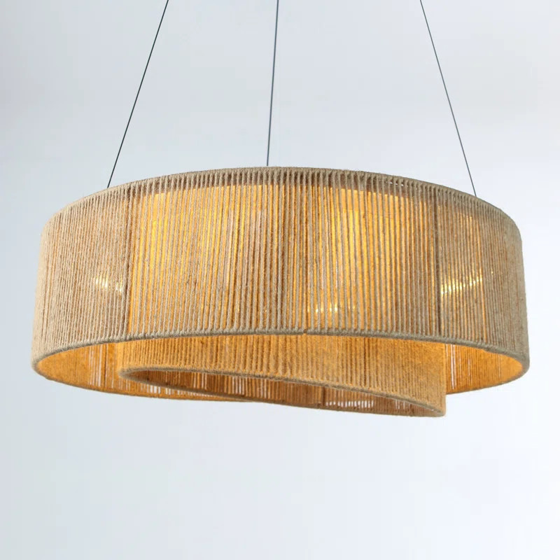 24" Modern Woven Jute Pendant Light, Double Layer Rattan Style LED Chandelier with Adjustable Cab... | Wayfair North America