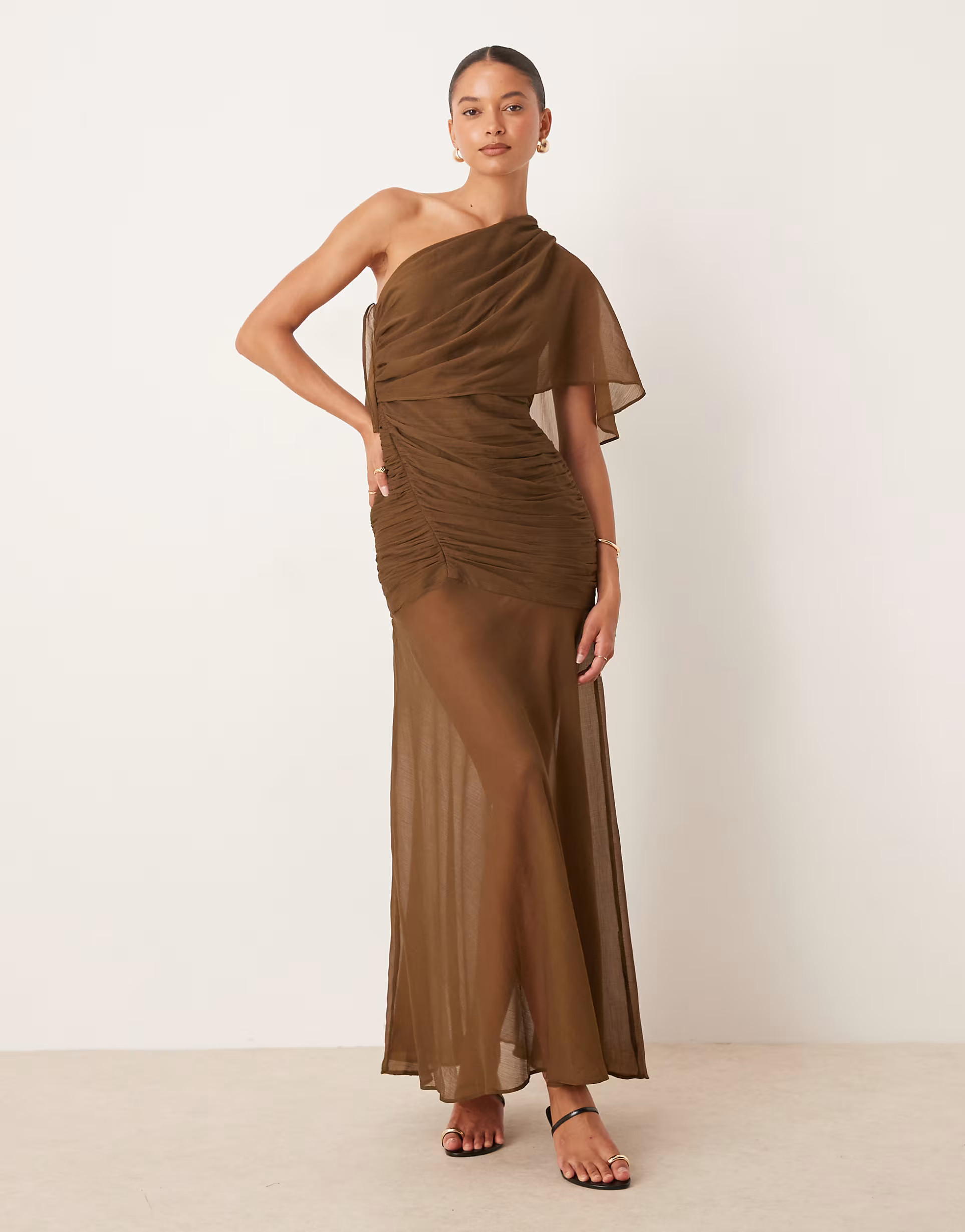 ASOS DESIGN cape one shoulder ruched bodice maxi dress in brown | ASOS (Global)