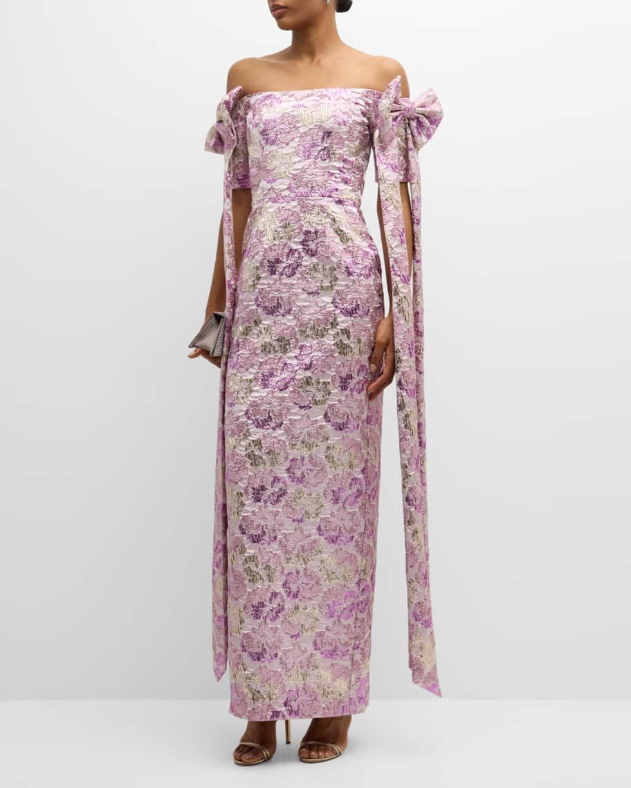 Paisley Off-Shoulder Floral Jacquard Bow Gown | Neiman Marcus