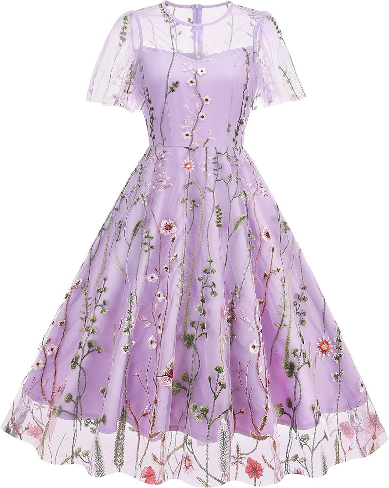 Women Mesh Floral Embroidery Vintage Cocktail Swing Dress Ruffle Sleeve Embroidered Floral Dress ... | Amazon (US)
