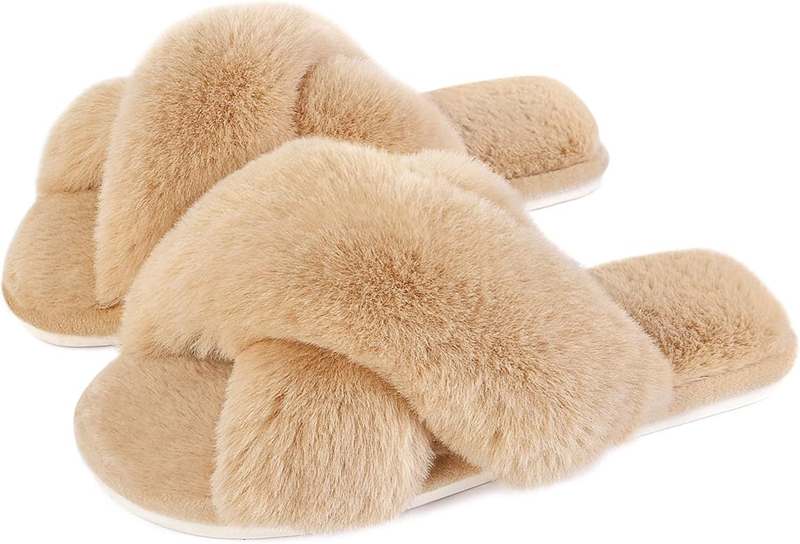 Womens Cross Band Slippers Cozy Furry Fuzzy House Slippers Open Toe Fluffy Indoor Shoes Outdoor S... | Amazon (US)