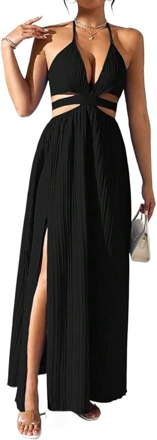 Women's Black Sleeveless Cami Maxi Long Dress Deep V-Neck Hollow Out Party Long Dress | Amazon (US)