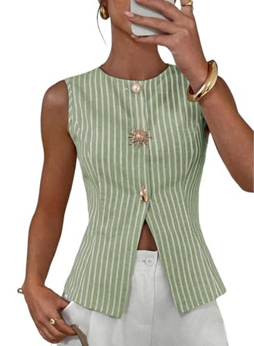 BLENCOT Womens Striped Sleeveless Slim Fit Vest Tops Dressy Crewneck Metal Button Down Business C... | Amazon (US)