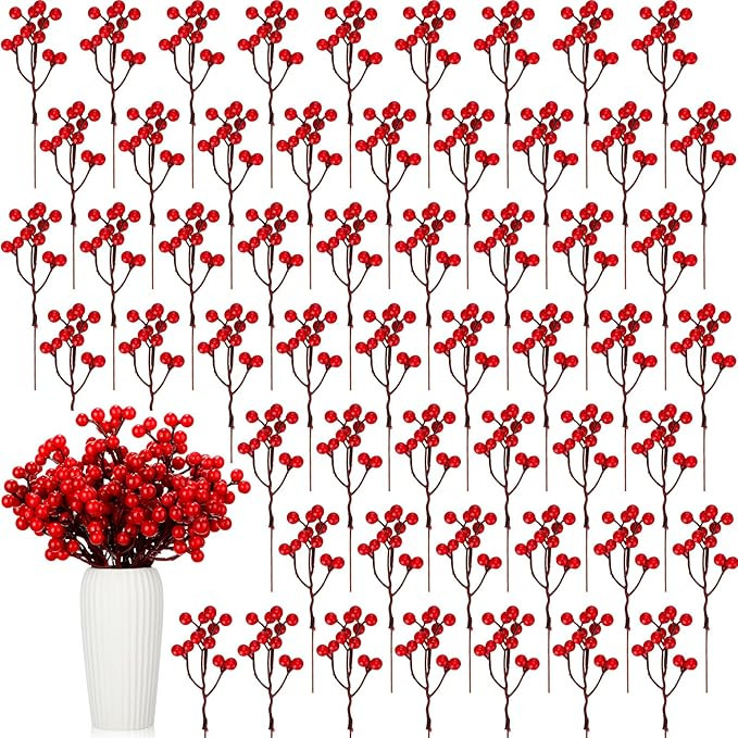 Lyrow 50 Pcs Christmas Artificial Red Berries Stems Holly 7.1 Inch Faux Berry Branches Fake Berry... | Amazon (US)