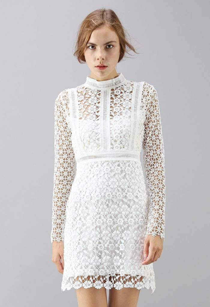 Ladylike Floral Crochet Panelled Shift Dress in White | Chicwish