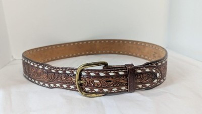 Tony Lama Tooled Leather Western Belt Brown Floral White Lacing 36" x 1.75" wide | eBay US