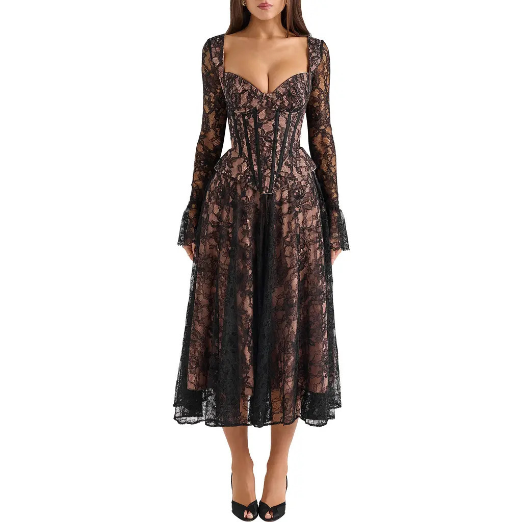 HOUSE OF CB Raquel Long Sleeve Lace Corset Dress in Black at Nordstrom, Size X-Small D | Nordstrom