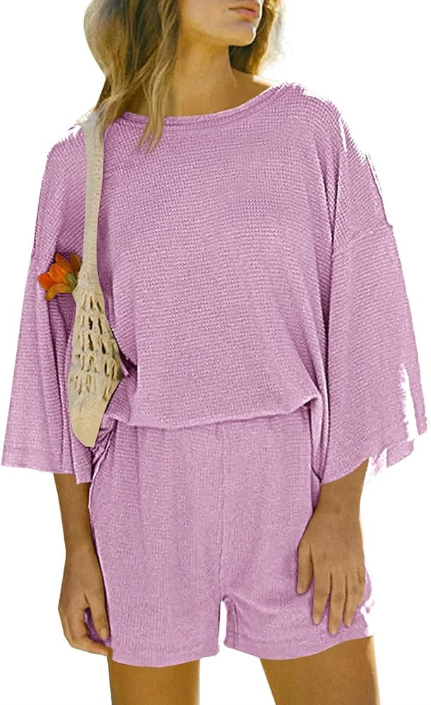 Tankaneo Womens Short Sets 2 Piece Outfits 3/4 Sleeve Tops and Elastic Waist Shorts Lounge Set Ca... | Amazon (US)