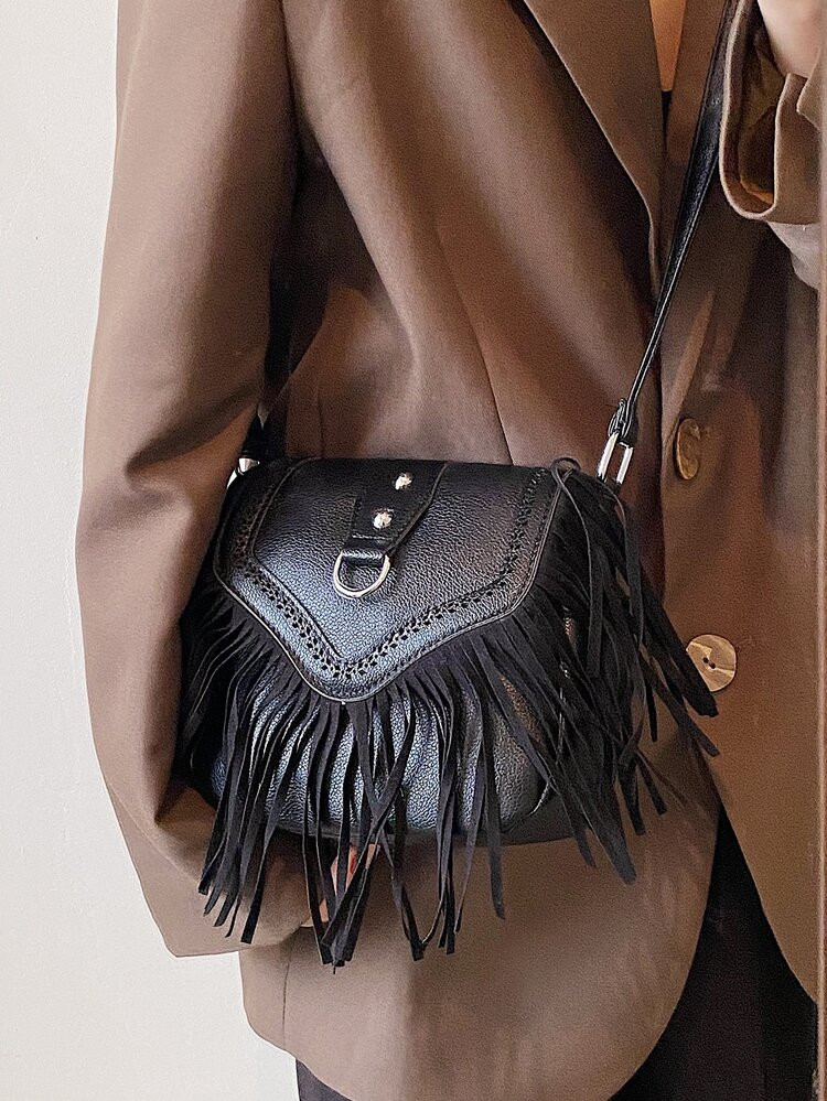 Mini Litchi Embossed Fringe Trim Flap Square Bag | SHEIN