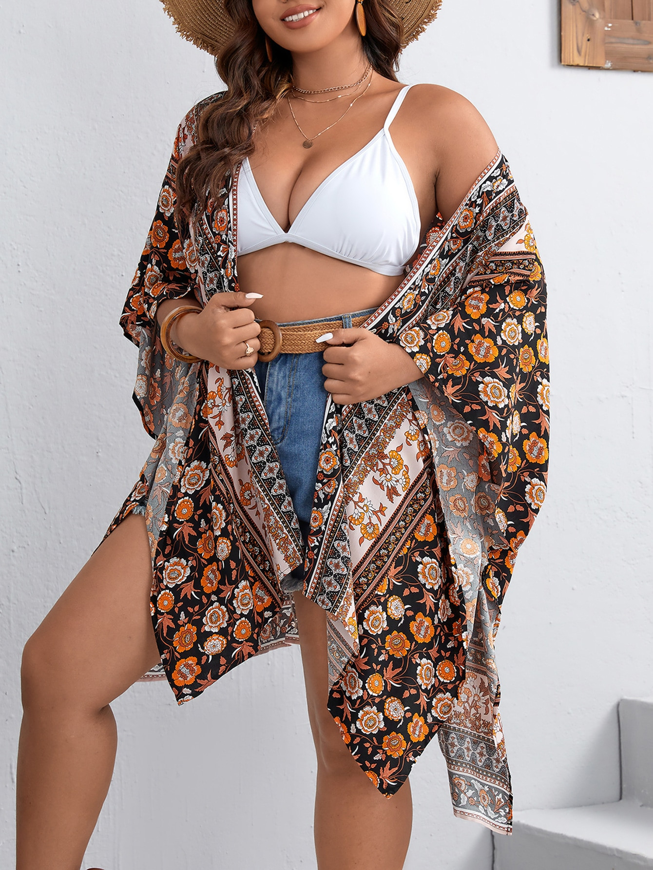 SHEIN VCAY Plus Floral Print Batwing Sleeve Asymmetrical Hem Kimono | SHEIN