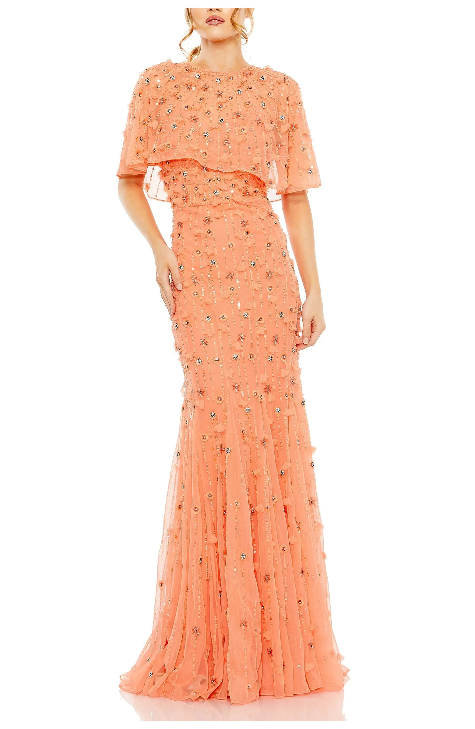 Embellished Illusion Cape Sleeve Trumpet Gown | Nordstrom