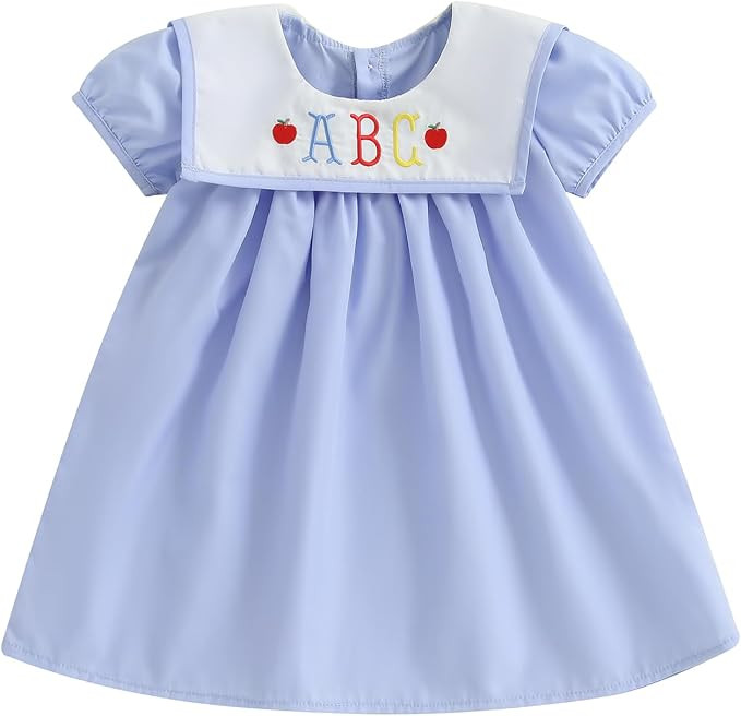 Toddler Girl Back to School Dress Embroidery Short Sleeve Smocked Dress First Day of Preschool Ki... | Amazon (US)