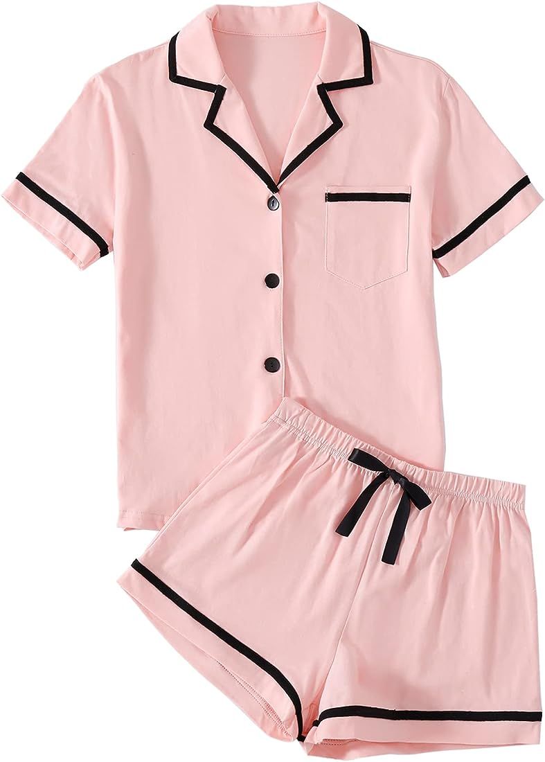 LYANER Women's Cotton Pajamas Set Button Short Sleeve Shirt with Shorts Set PJs Loungewear | Amazon (US)