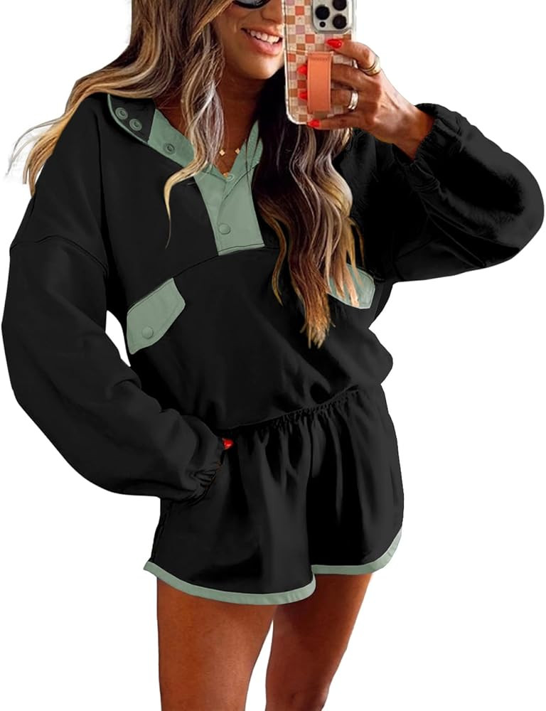miduo Womens Color Block Two Piece Sets Long Sleeve Oversized Sweatshirts Pullover and Shorts Set... | Amazon (US)