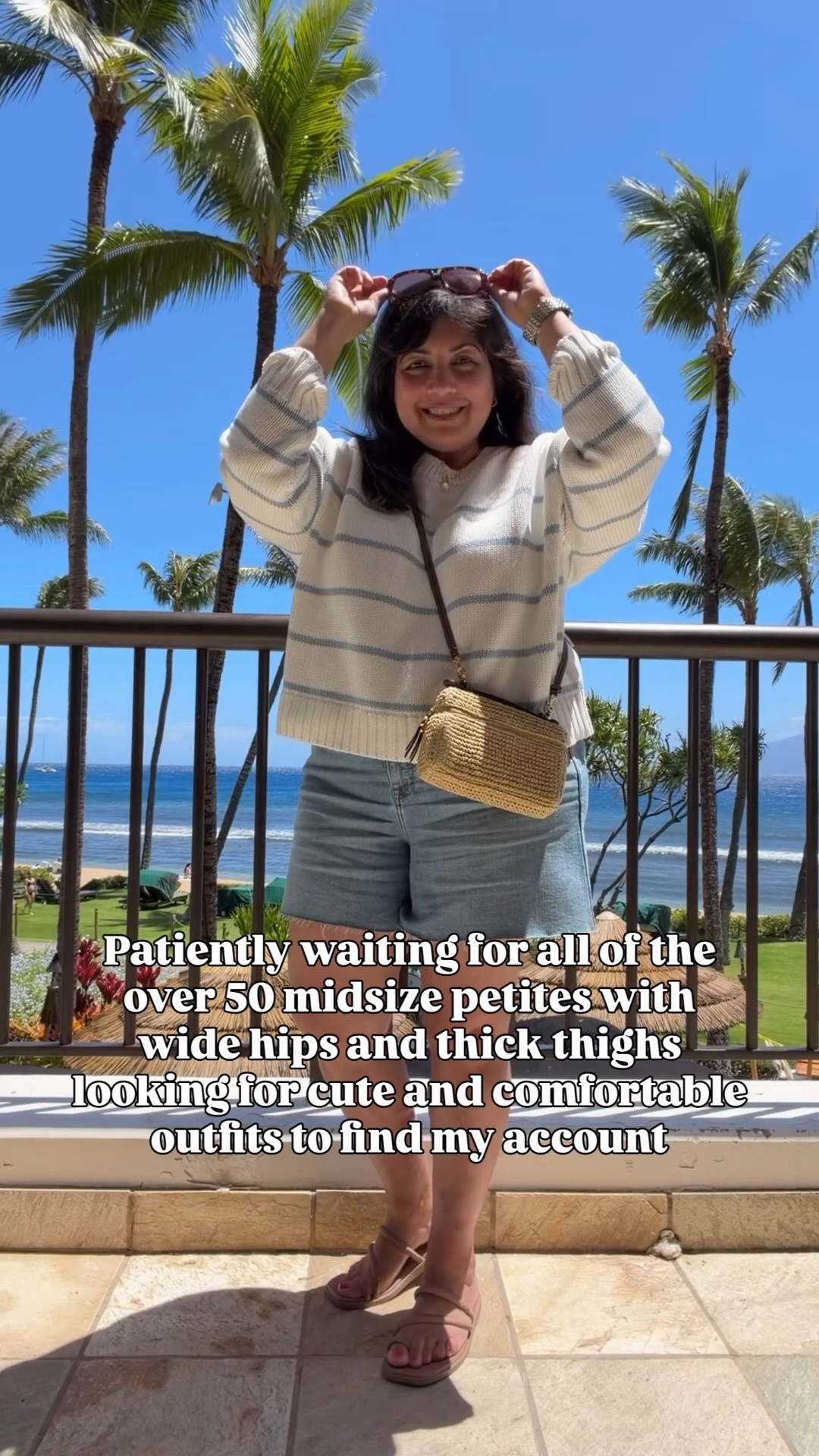 Summer outfit for the beach! 

The perfect summer sweater for cool evenings at the beach! Love the stripes and this color combo.  Perfect with a pair of denim shorts for a casual summer look! It works also be cute with regular jeans and white denim jeans too. This sweater is great for Memorial Day, 4th of July and trips to the lake and beach. Such a great summer layer for cool days and evenings and the cutest summer outfit! 

Quince striped summer sweater size large. Tommy Bahama jean shorts. I sized up for a roomier fit. Crocs toe loop strappy sandals. Tory Burch raffia crossbody bag. Madewell aviator sunglasses.

Vacation outfits beach, beach vacation outfits, summer outfits, denim shorts, midsize outfits, petite outfits, over 40 style, over 50 outfits

#LTKOver40 #LTKMidsize #LTKPetite