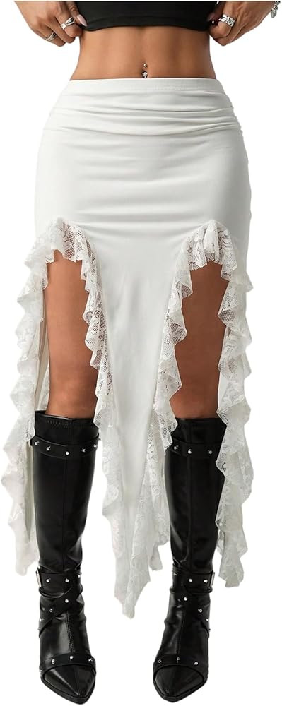 Verdusa Women's Lace Asymmetrical Skirt High Slit Boho Western Flowy Skirt Concert Rave Outfits | Amazon (US)