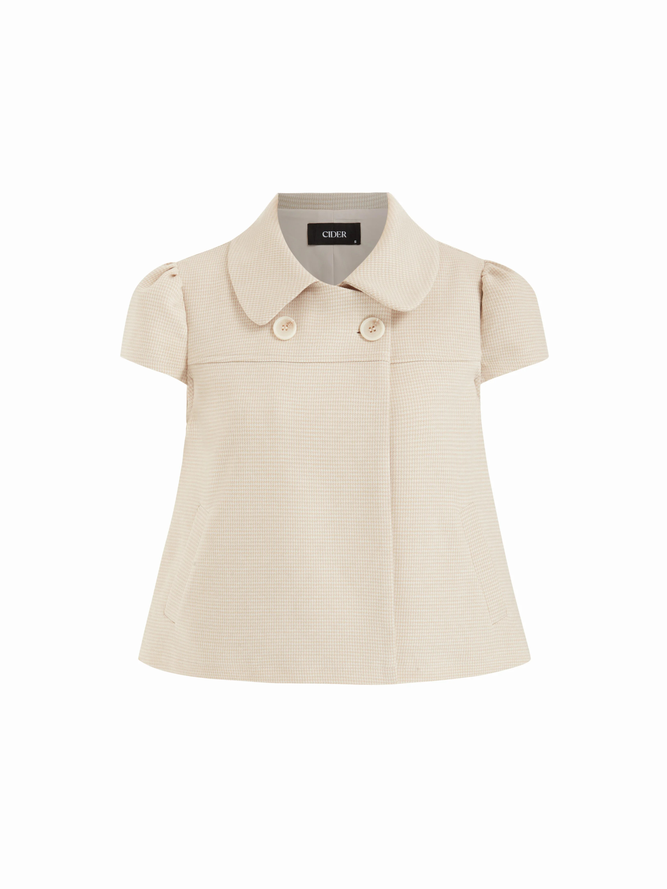Babydoll Tops Jacquard Peter Pan Collar Houndstooth & Polka Dot Button Short Sleeve Blouse For Da... | Cider