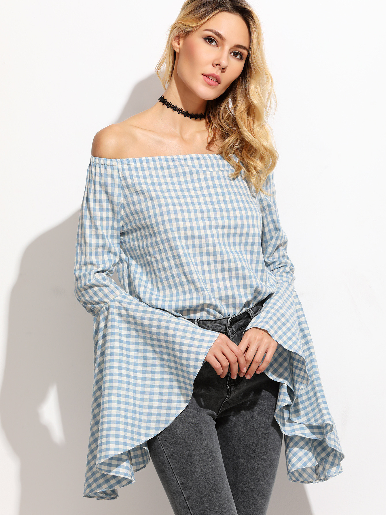 Blue Gingham Oversized Bell Sleeve Off The Shoulder Top | SHEIN