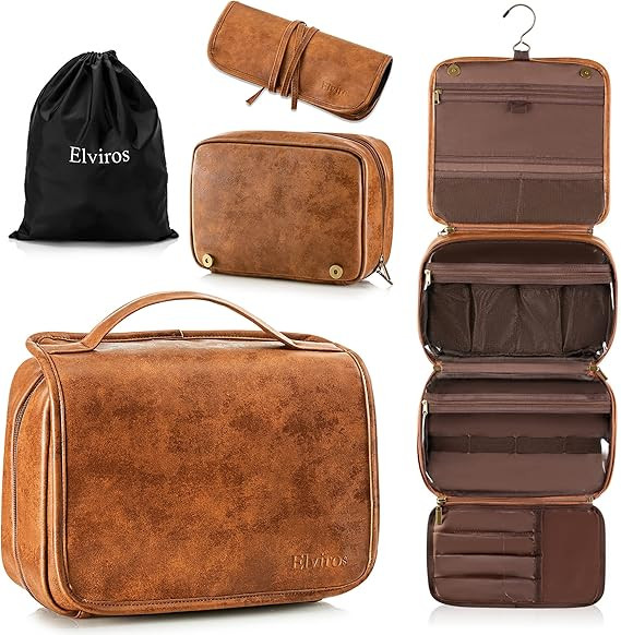 Elviros Hanging Toiletry Bag for Men Travel Essentials 3-in-1 Large Waterproof Dopp Kit PU Leathe... | Amazon (US)